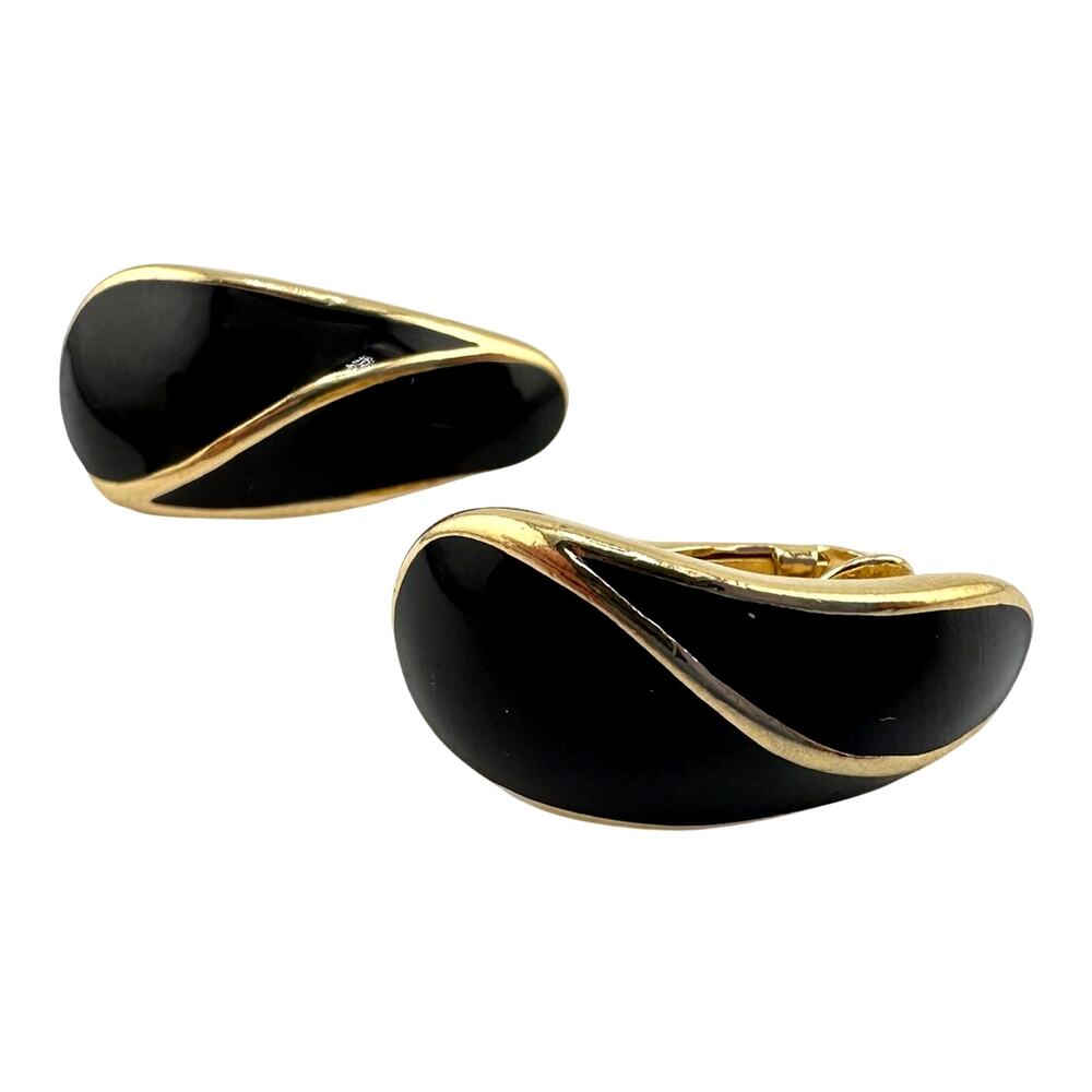 Vintage Crown Trifari Black Enamel Minimalist Gold Tone Clip On 1” Earrings - Picture 2 of 3
